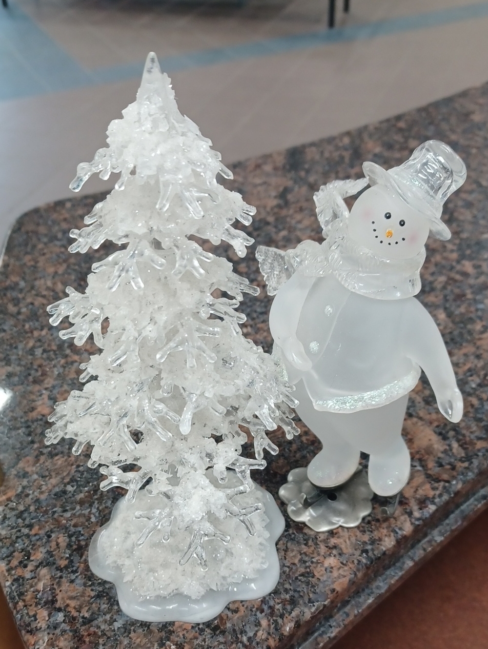 Frosted Skating Snowman Ornament And Tree with glitter accent 6" Height